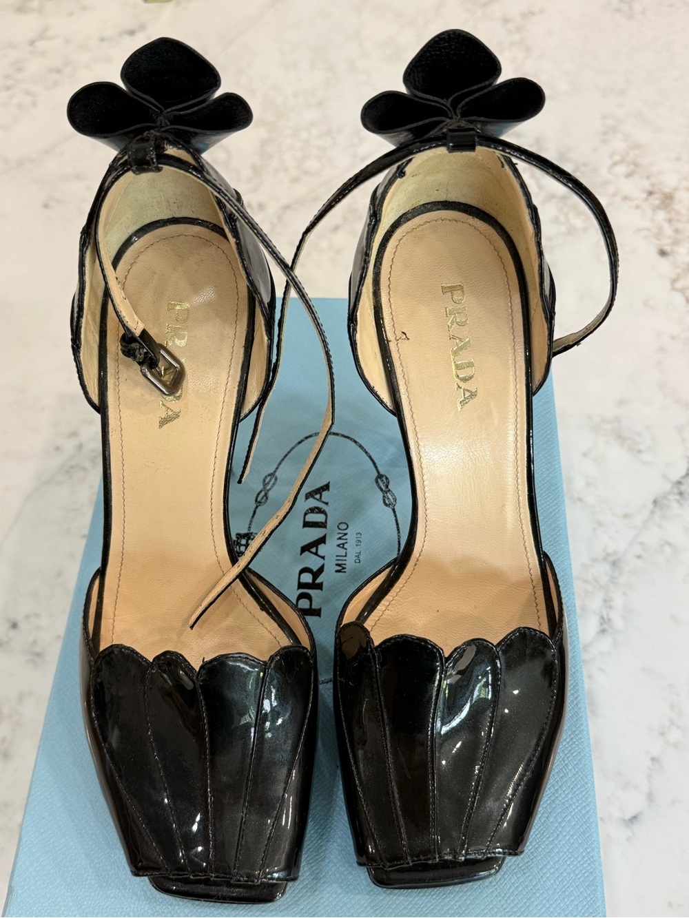 Prada Black Patent Leather Scalloped Peep-Toe Ankle-Strap Heels